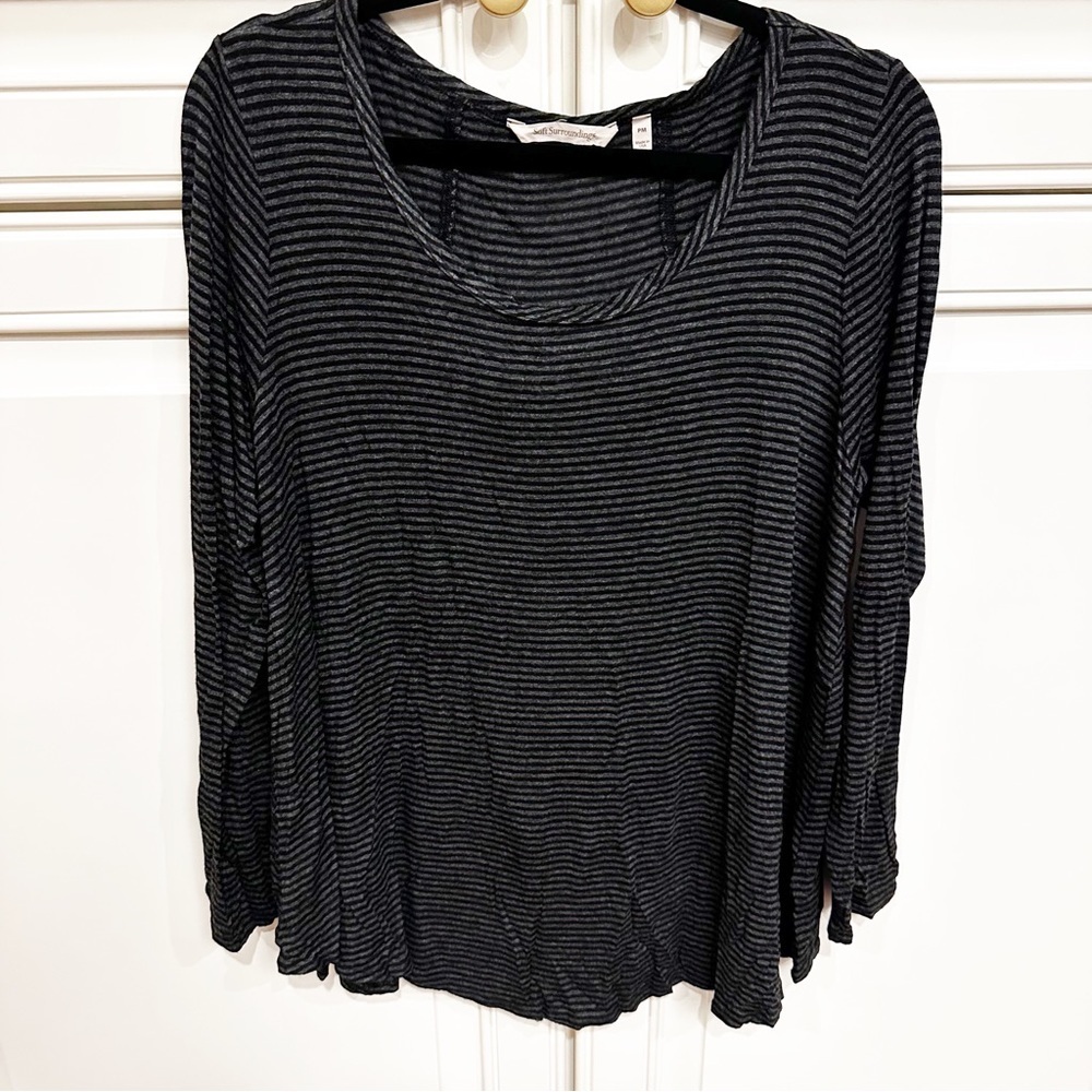 Soft Surroundings Women’s Black Grey Striped Stretch Tunic Top Blouse Oversized